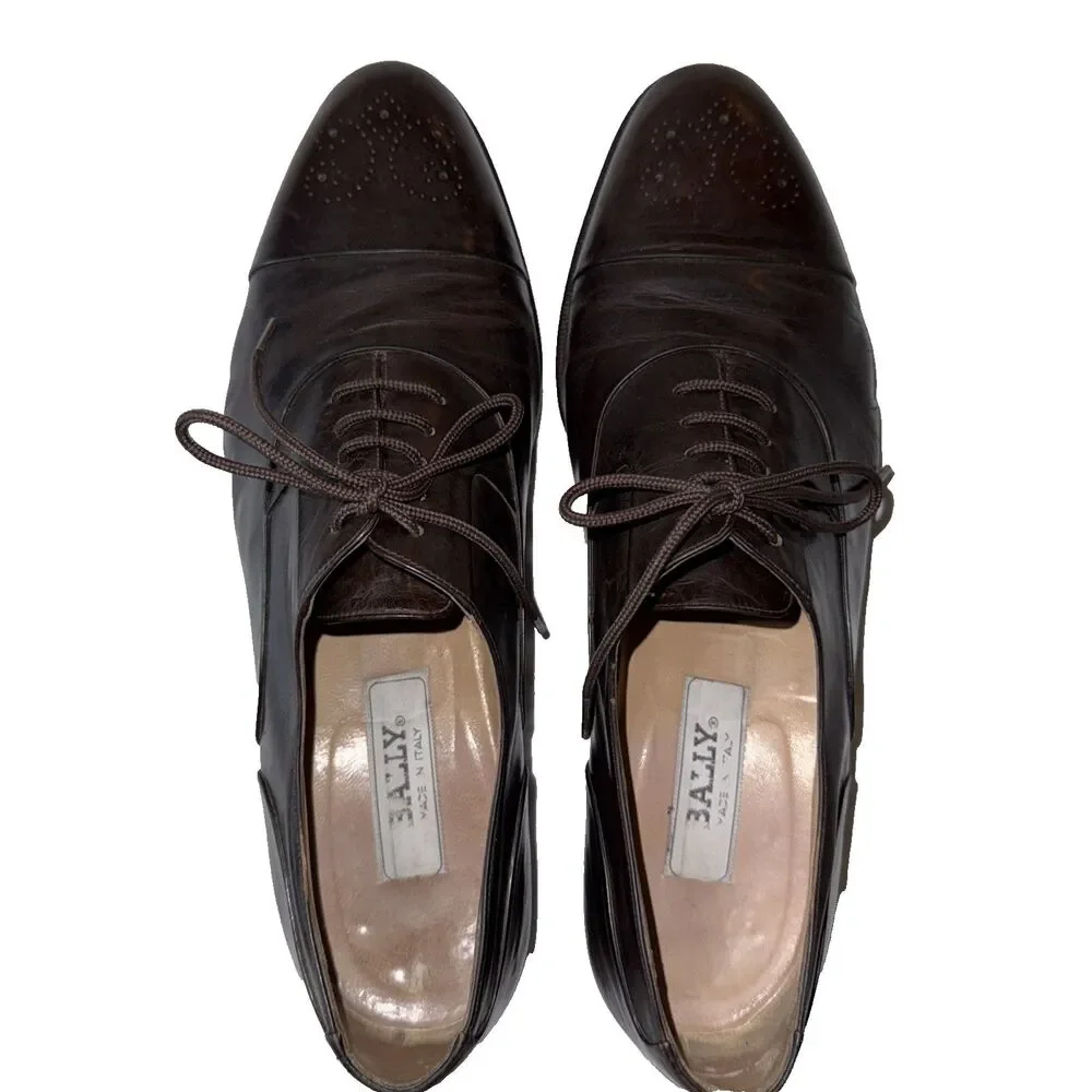Bally Mens Brown Leather Cap Toe Oxford Lace Up Dress Shoes Size 10 D Italy